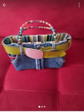 Denim Jean Handbag with Beaded Handles and Lime Accent Belt